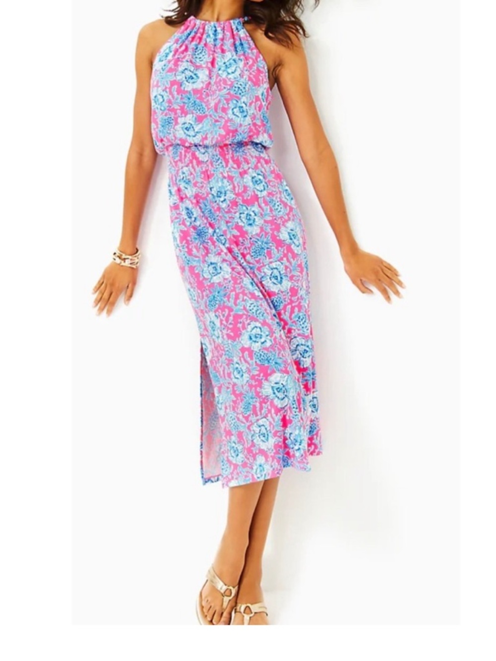 NWT Lilly Pulitzer Swizzle Stick Midi Dress Pink Floral Pineapple Smocked Waist